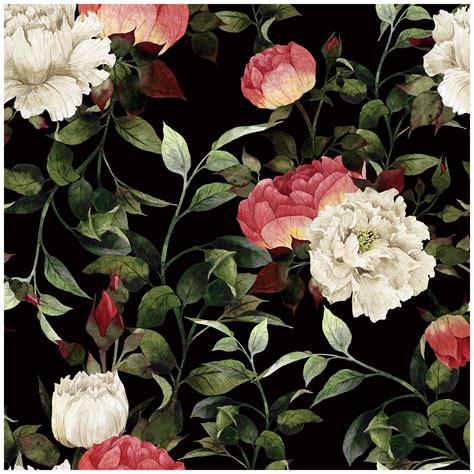 Vintage Peony Floral Wallpaper with Black Background