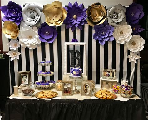 Purple Themed 60th Birthday Dessert Table with Paper Flowers Backdrop