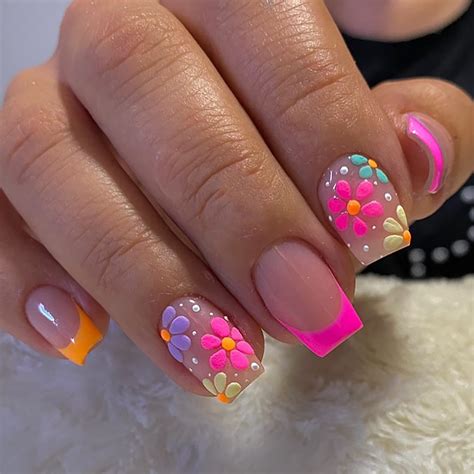 Amazon SOOZEE French Tip Press On Nails Short Square Fake Nails Nude Pink False With Flower