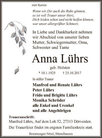 Traueranzeigen Von Anna L Hrs Trauer Kreiszeitung De