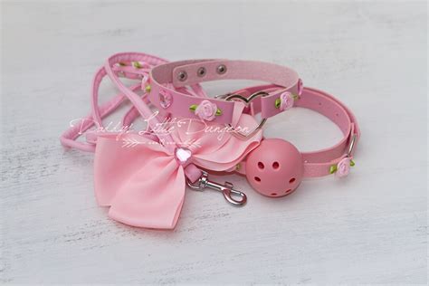 Pink Ddlg Princess Bdsm Bondage Collar Ball Gag And Leash Set With