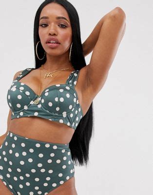 ASOS DESIGN Coppe Grandi Top Bikini A Corpetto Con Ferretto Kaki A Pois Coppe DD G ASOS
