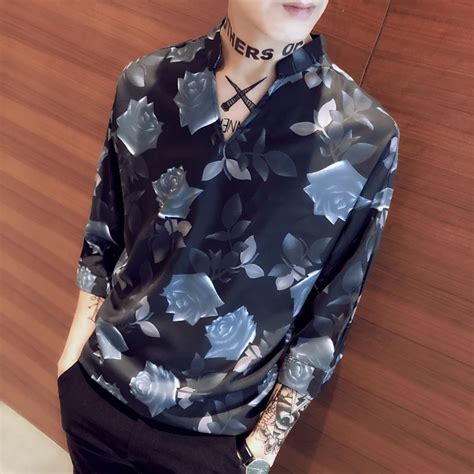 2018 Mens Fashions Flower Printed Shirts Mens Summer Shirts Pullover V