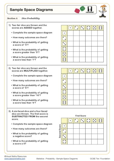 Sample Space Diagrams Worksheet | Cazoom Maths Worksheets