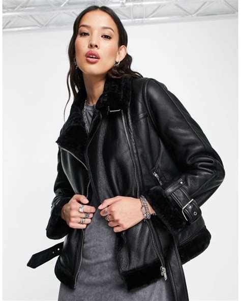 Topshop Synthetic Faux Leather Shearling Aviator Biker Jacket In Black
