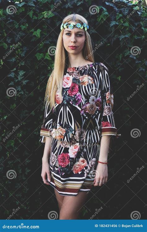 Beautiful European Blonde Girl Posing Outside In The Nature Nature Parks Relaxation Play Of