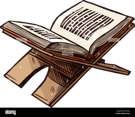 Open Quran Book On Stand Isolated Holy Koran Sketch Vector Muslim