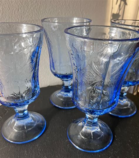 Set Of 4 Indiana Glass Co Recollection Madrid Blue Footed Etsy