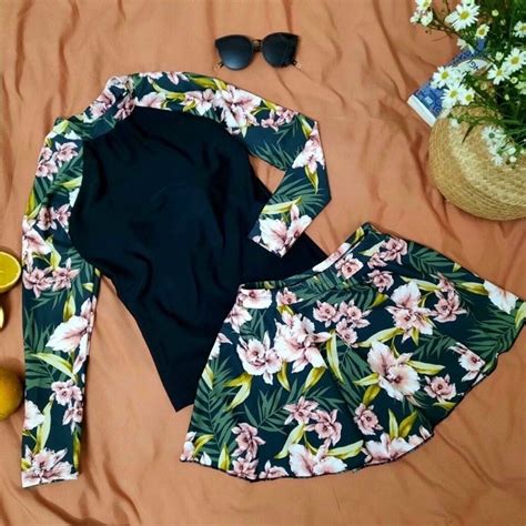 Đồ bơi nữ tay dài kín đáo thun lạnh hoa lá Bikini đi biển có tay chống nắng váy xoè shopnabi