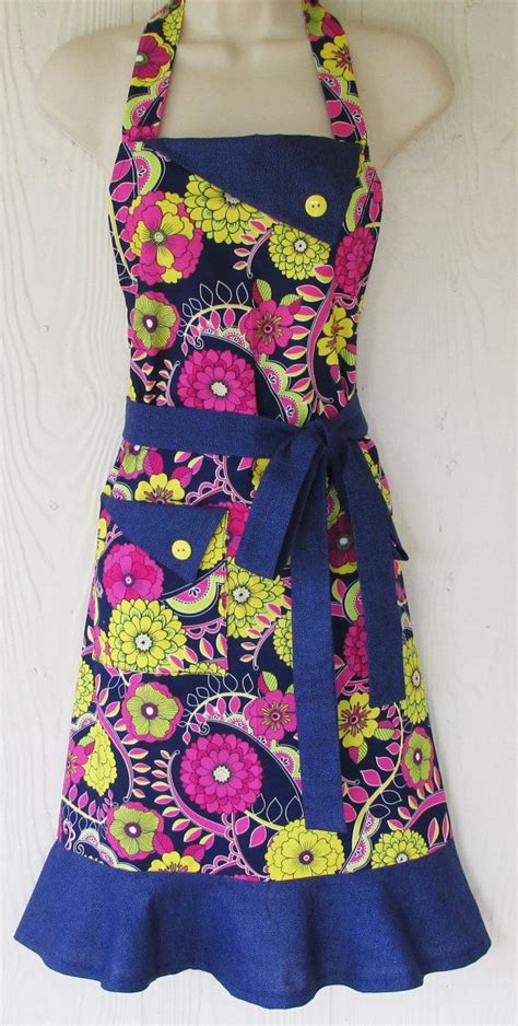 Navy Floral Apron Retro Style Full Apron Pink By Kitschnstyle Floral