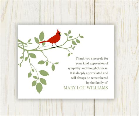 Red Bird Funeral Thank You Card Digital file sympathy Postcard Template ...