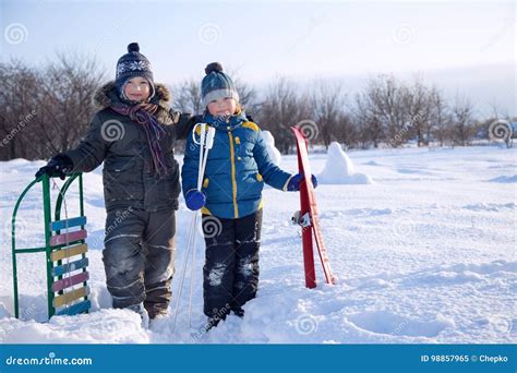 Happy Boys On Sled And Skis Stock Image Image Of Boys Cute 98857965