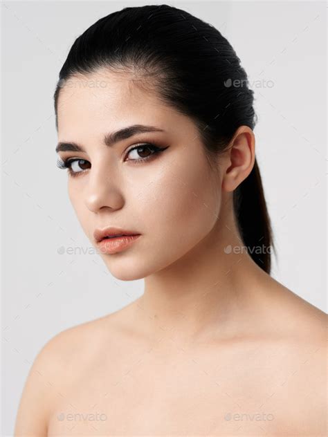 Pretty Woman Naked Shoulders Attractive Look Makeup Closeup Stock Photo