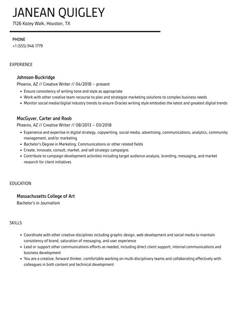 Creative Writer Resume Samples | Velvet Jobs