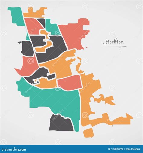 Stockton California Map with Neighborhoods and Modern Round Shapes ...