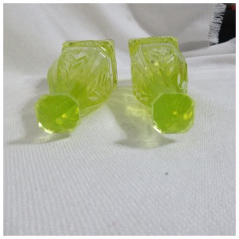 Pair Of Vaseline Uranium Glass Square Automobile Car Flower Vases