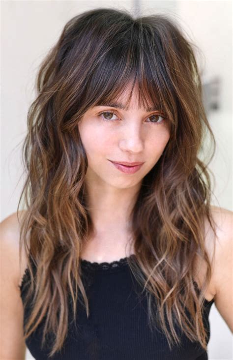 Honey Brunette Long Shag Haircut With Curtain Bangs