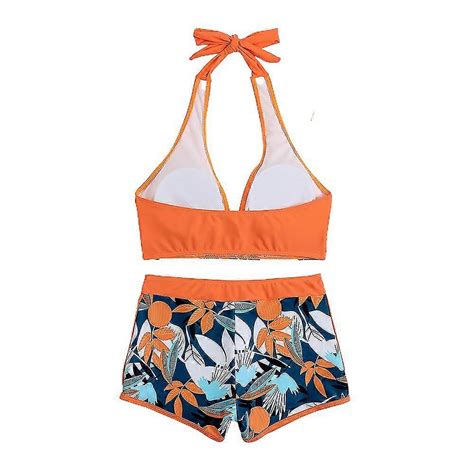 Women Leaf Print Bikini Set Halterneck Bra Top High Waist Boy Shorts Swimsuit Summer Beach