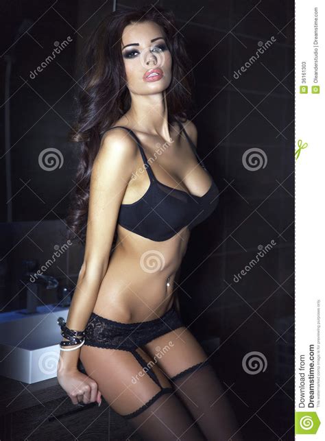 Brunette Woman In Black Lingerie Stock Image Image Of Lips Black