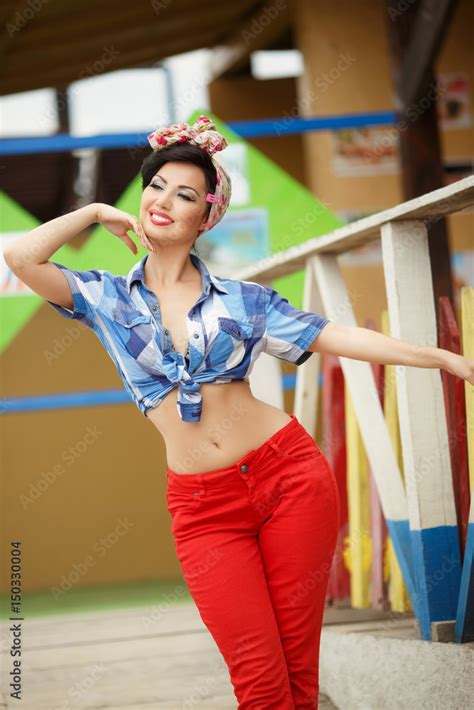 Beautiful Pinap Woman Smiling In Red Bikini Outdoor At Beach Pin Up Girl Retro Style Model In