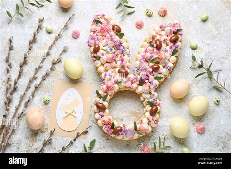 Composition With Beautiful Cake Painted Eggs And Pussy Willow Branches