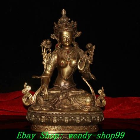 Old Tibet Buddhism Copper Gilt Gems Eyes White Tara Guanyin Buddha