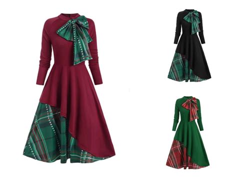 2023 New Christmas Party Plaid Contrast Bow Long Sleeve Women Dress Midi Retro Dress Female A