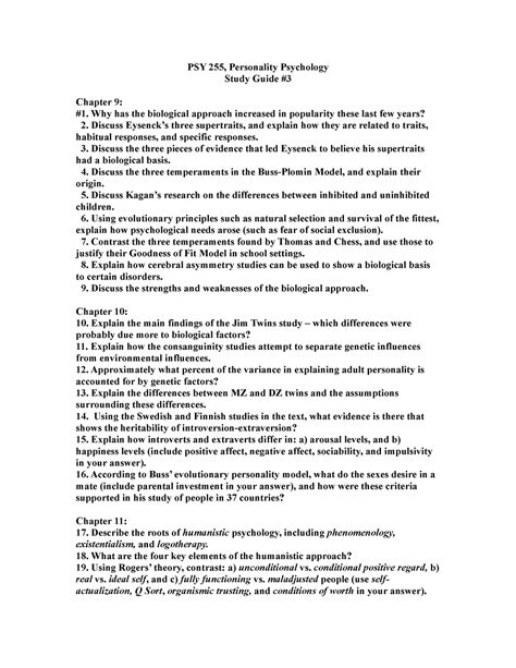 Psy 255 Study Guide 3 Fall 2022 Psy 255 Personality Psychology