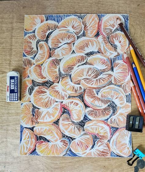 Orange Slices Abstract Colored Pencil Drawing On Toned Paper Etsy