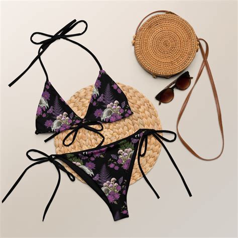 Cat Skull Mushroom String Bikini With Ferns Dark Cottagecore Bikini All Over Print Recycled