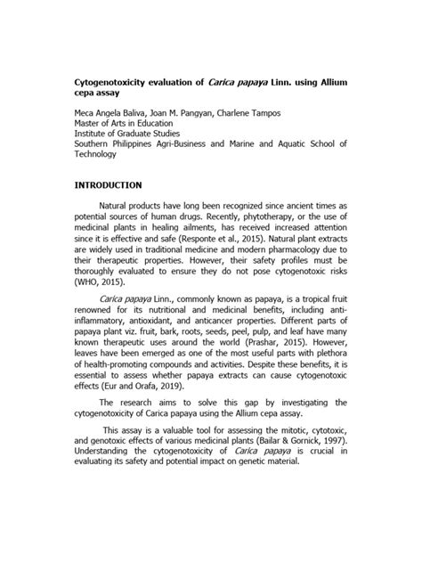 Cytogenotoxicity Study Of Carica Papaya Using Allium Cepa Assay Pdf