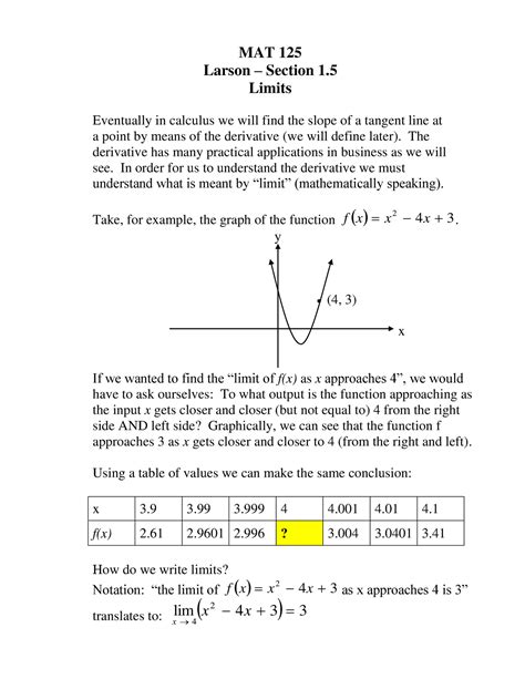 Survey Of Calc Limits 1 5 Mat 125 Larson Section 1 Limits