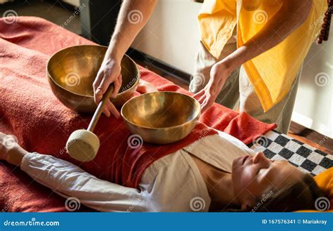 Sound Massage Tibetan Singing Bowls Treatment In Spa Salon Stock Image