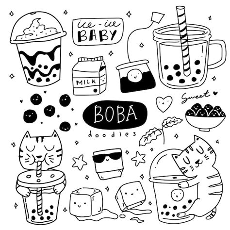 Premium Vector | Cute brown sugar boba milk tea drink doodle illustration