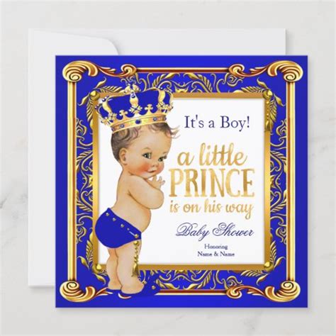 Prince Baby Shower Damask Blue Gold Brunette Invitation Zazzle