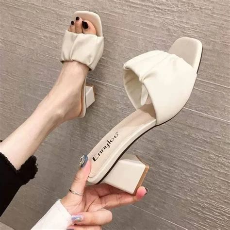 Heeled Naked Color On Word Sandals Low Heel Woman Slippers Rubber Outside Off White Open Toe