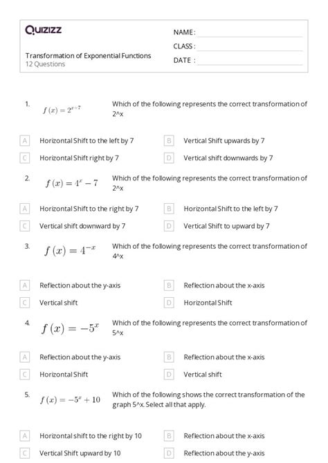 Free Transformations Of Exponential Functions Worksheet Download Free