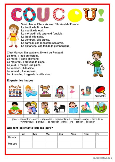 Jours De La Semaine Coucou Pratiqu Français Fle Fiches Pedagogiques