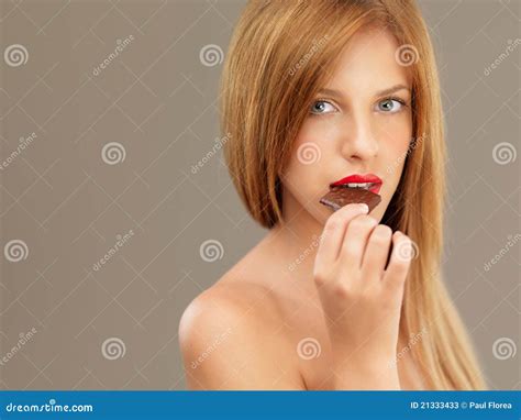 Blonde Woman Red Lips Tasting Chocolate Stock Image Image Of Attractive Dessert