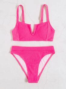 SHEIN Swim Textured Bikini Set V Wired Top High Waist Bottom 2 Pieces