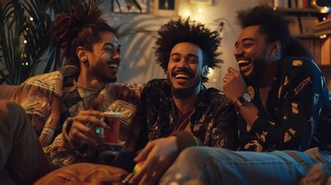 Premium Photo Three Young Men Are Sitting On A Couch In A Living Room