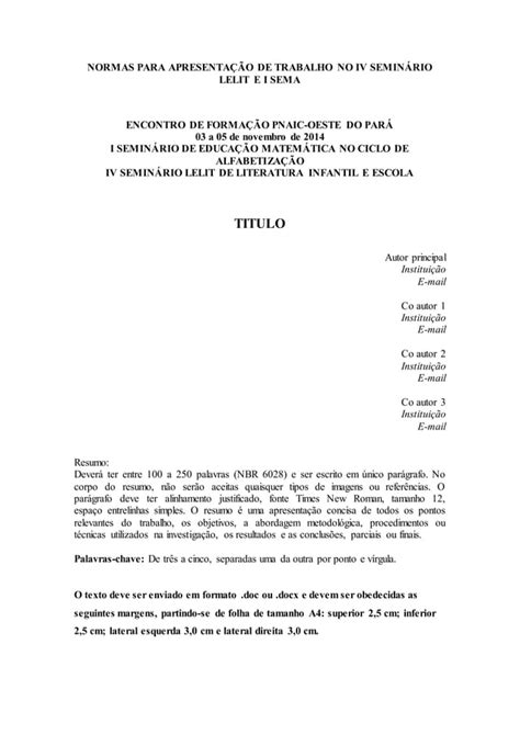 Normas para apresentação de trabalho no iv seminário lelit e i sema