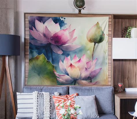 Floral Wall Art Lotus Flower Watercolor Tapestry Botanical Wall Decor