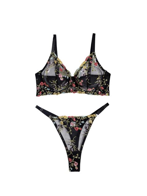 Wdirara Women S Plus Size Piece Floral Embroidery Mesh Sheer High Cut Lingerie Set Black Xl