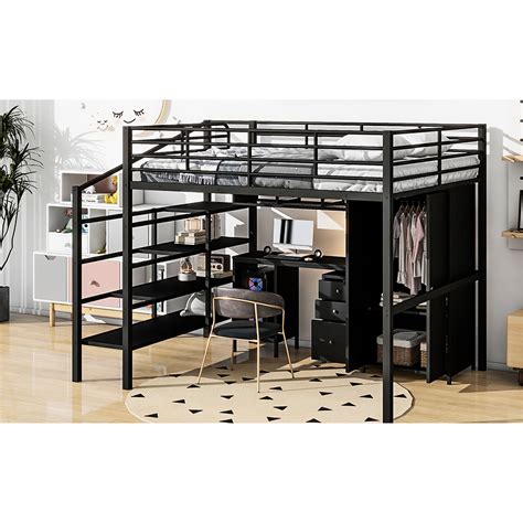 17 Stories Metal Loft Bed With Table And Wardrobe, Full, Black - Design