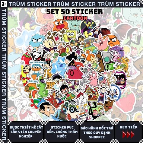 Set 50 Stickers Hình Dán Hoạt Hình Cartoon random hot hit Trang Trí Decor Laptop Cặp Sách