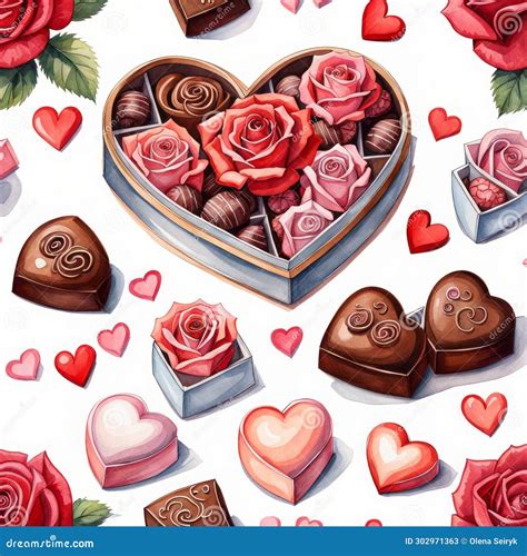 Valentines Day Pattern With Chocolate Candies Heart Shaped Present Box