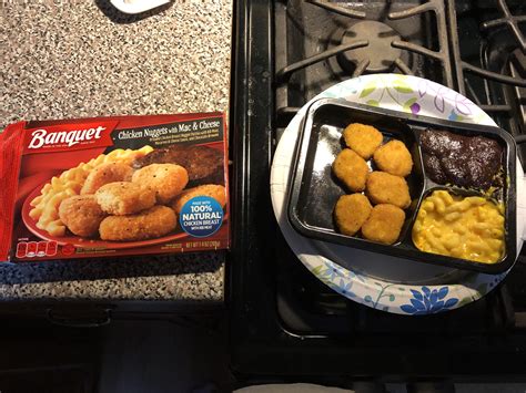 Banquet Chicken Nuggets Macaroni And Cheese And A Fudge Brownie