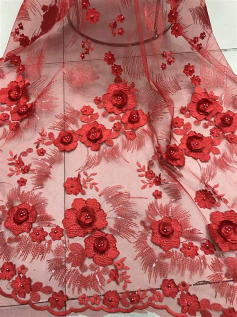 Red 3D Flower Embroidered Tulle Lace Fabric Wedding Dresses Sequins