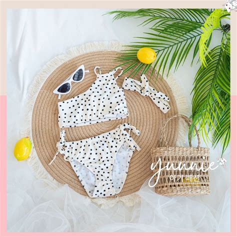 Bikini bé gái YUUNIE chấm bi cổ lệch đồ bơi mảnh cho trẻ em tuổi Shopee Việt Nam